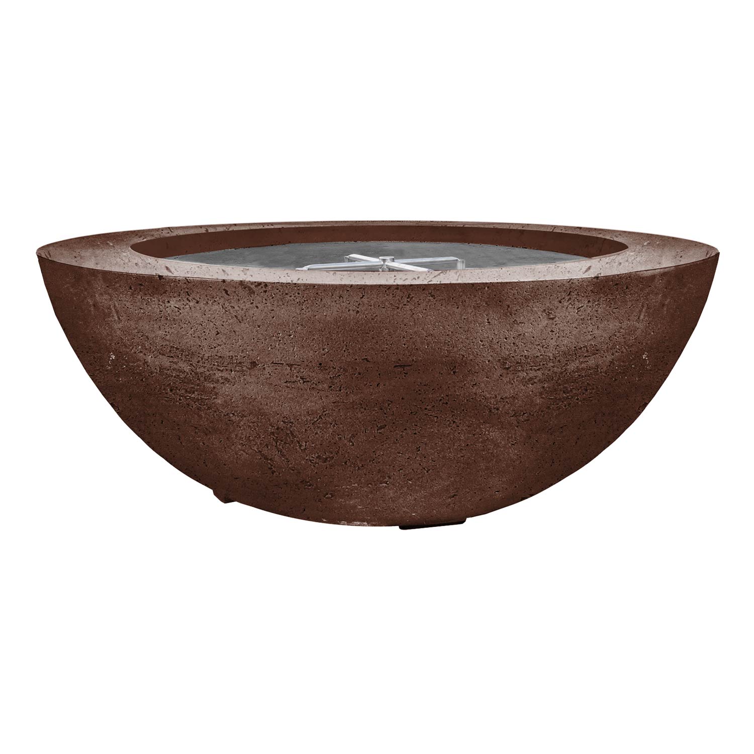 Concrete gas fire pit bowl with circular burner opening, brown speckled finish