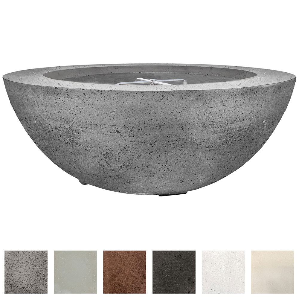 Concrete gas fire pit bowl with circular burner opening, gray speckled finish