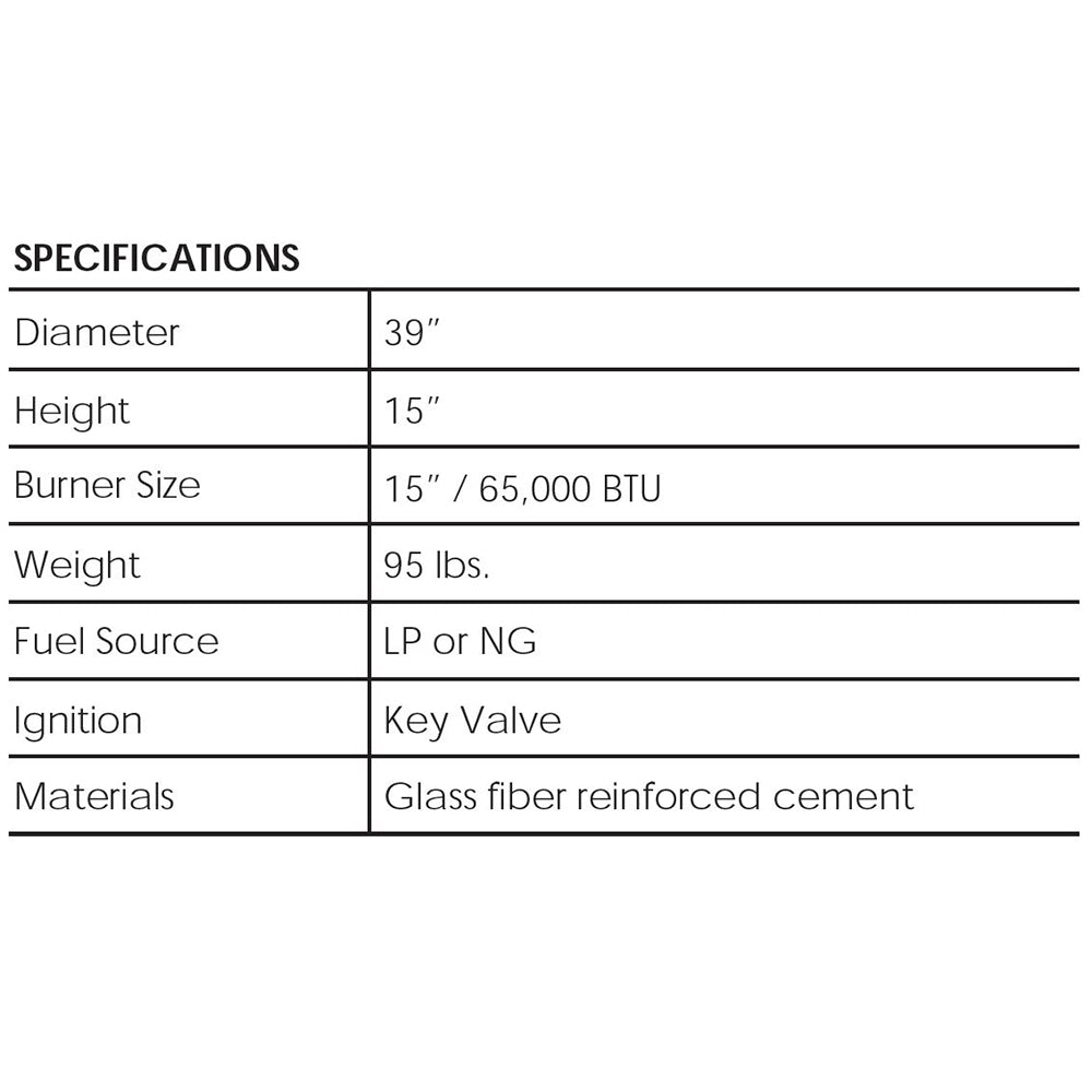 Gas fire pit specifications table: diameter 39 in, height 15 in