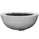 Concrete gas fire pit with round bowl, light gray finish with dark lava rock bed