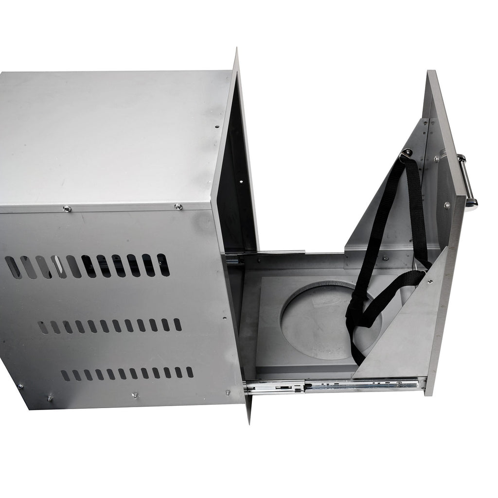 Stainless steel bin with open side door and metal latch, vent slots