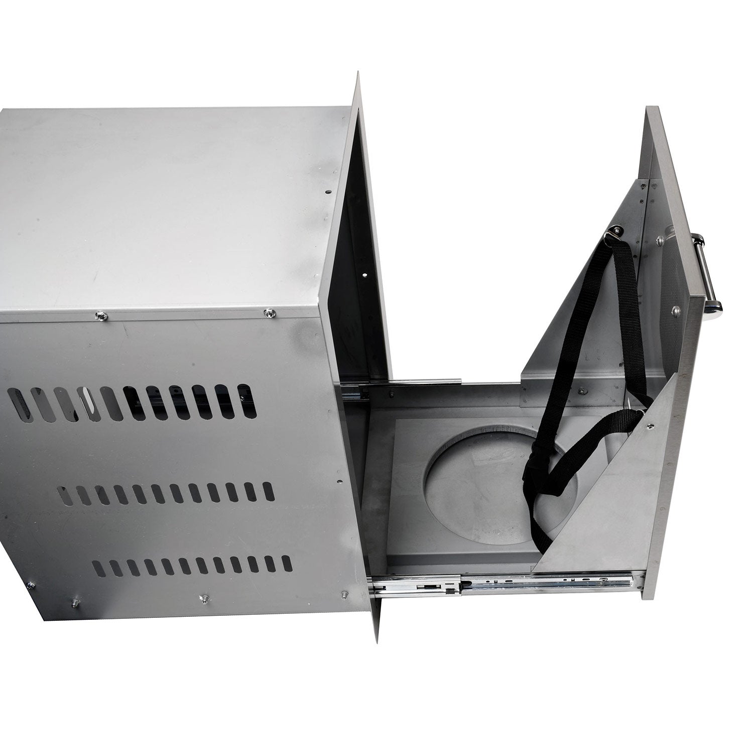 Stainless steel bin with open side door and metal latch, vent slots