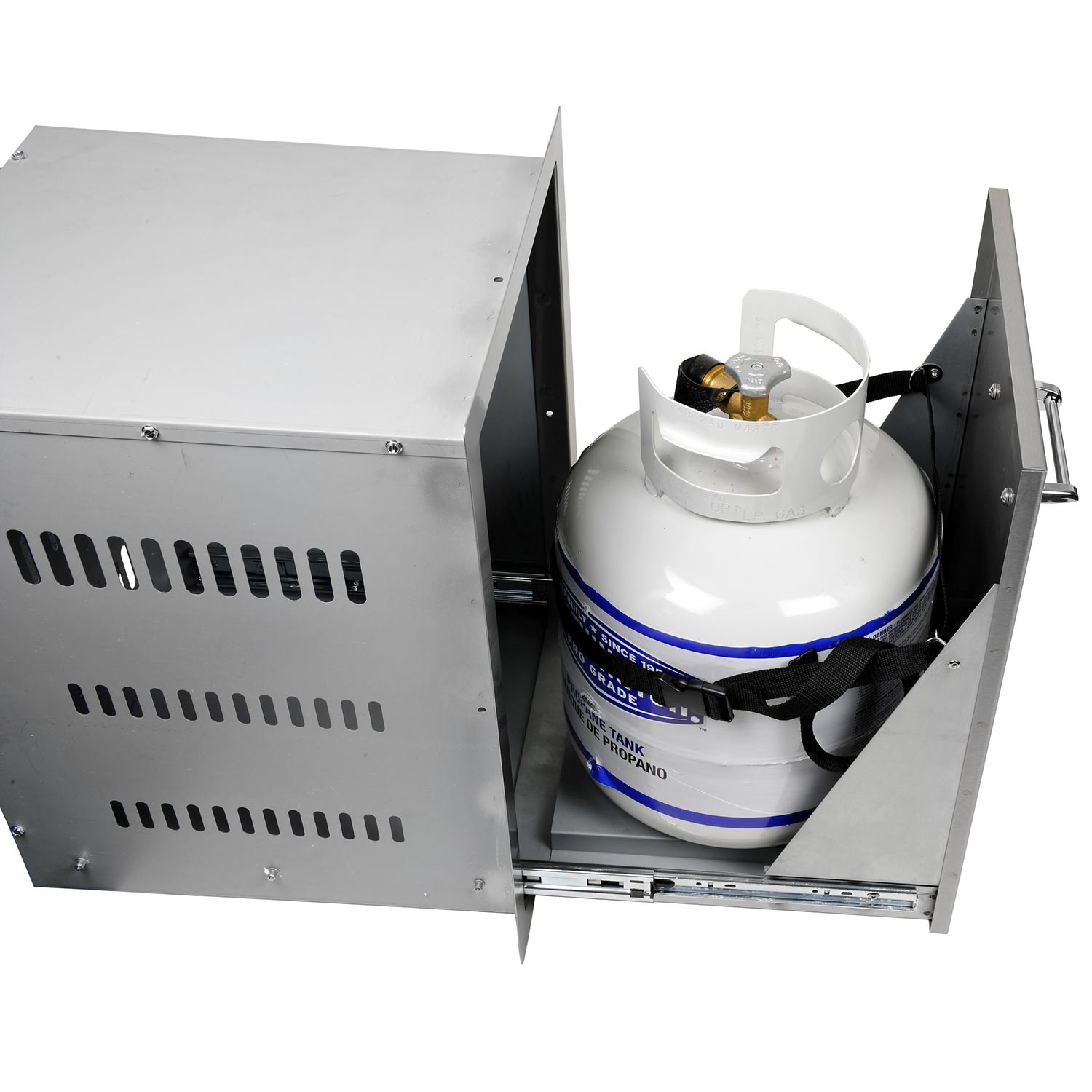 Stainless steel bin with open door holding canister and black strap, vented sides