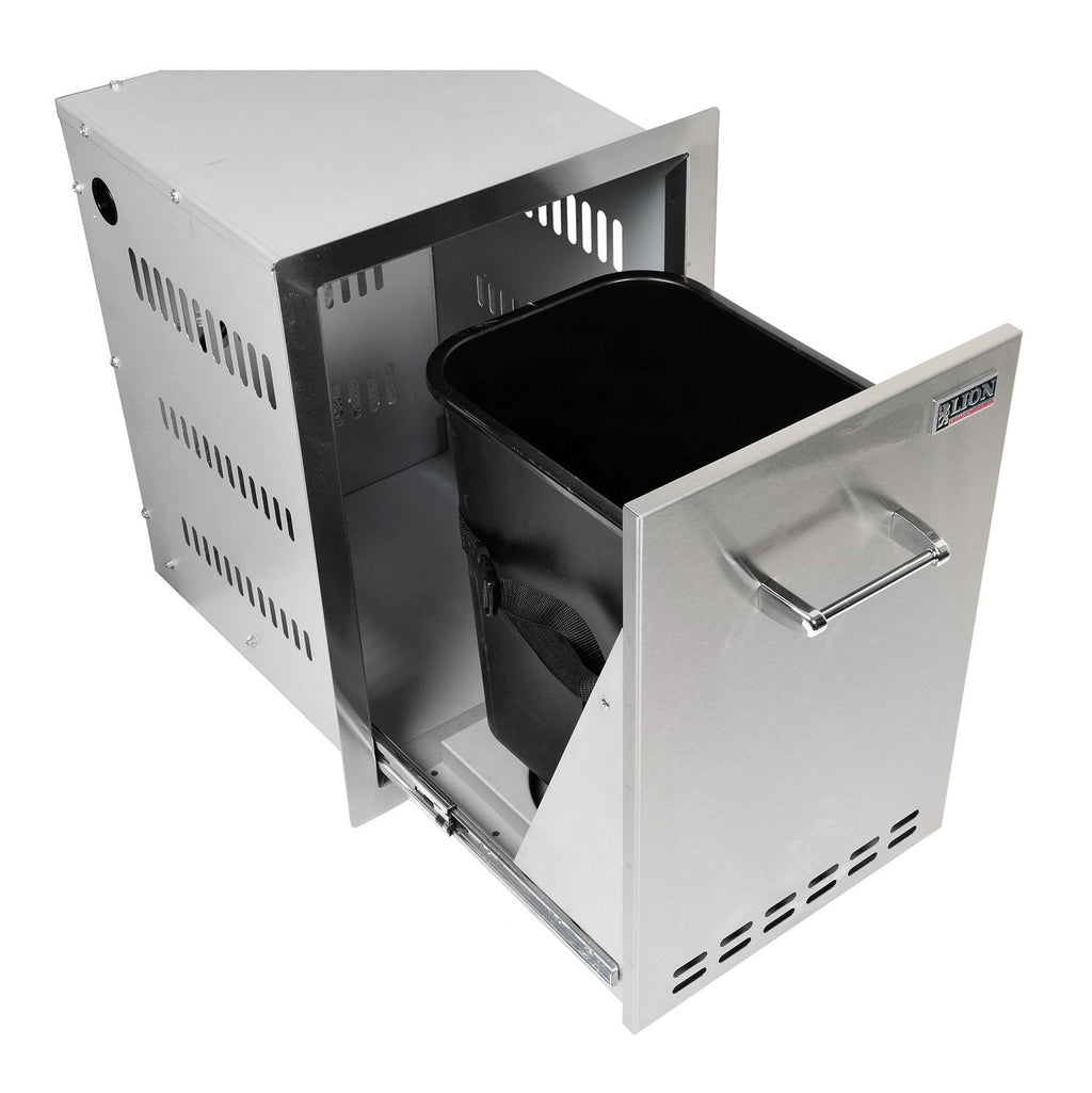 Stainless steel bin with open drawer-style door, black inner bin, and handle