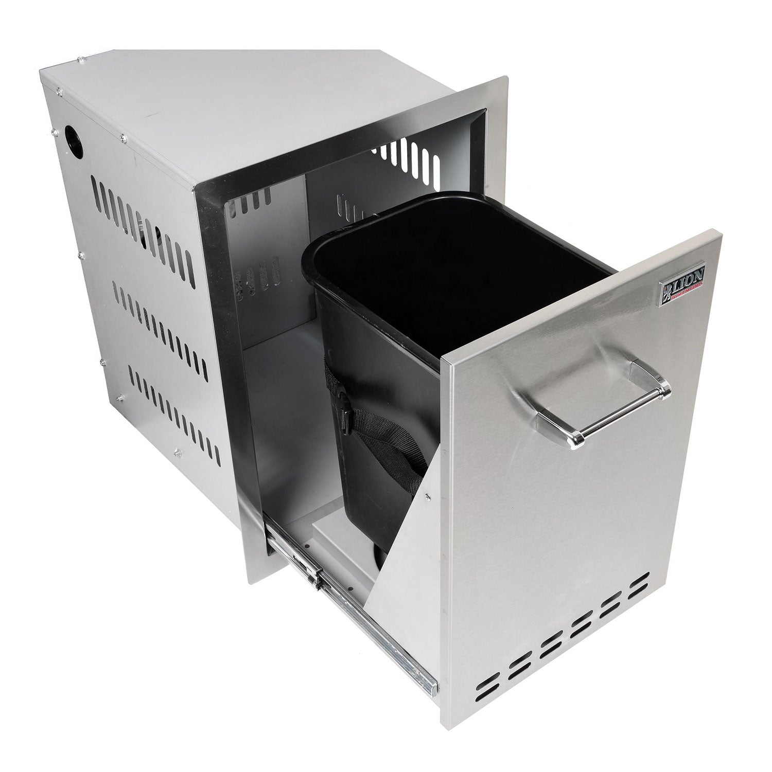 Stainless steel bin with open drawer-style door, black inner bin, and handle