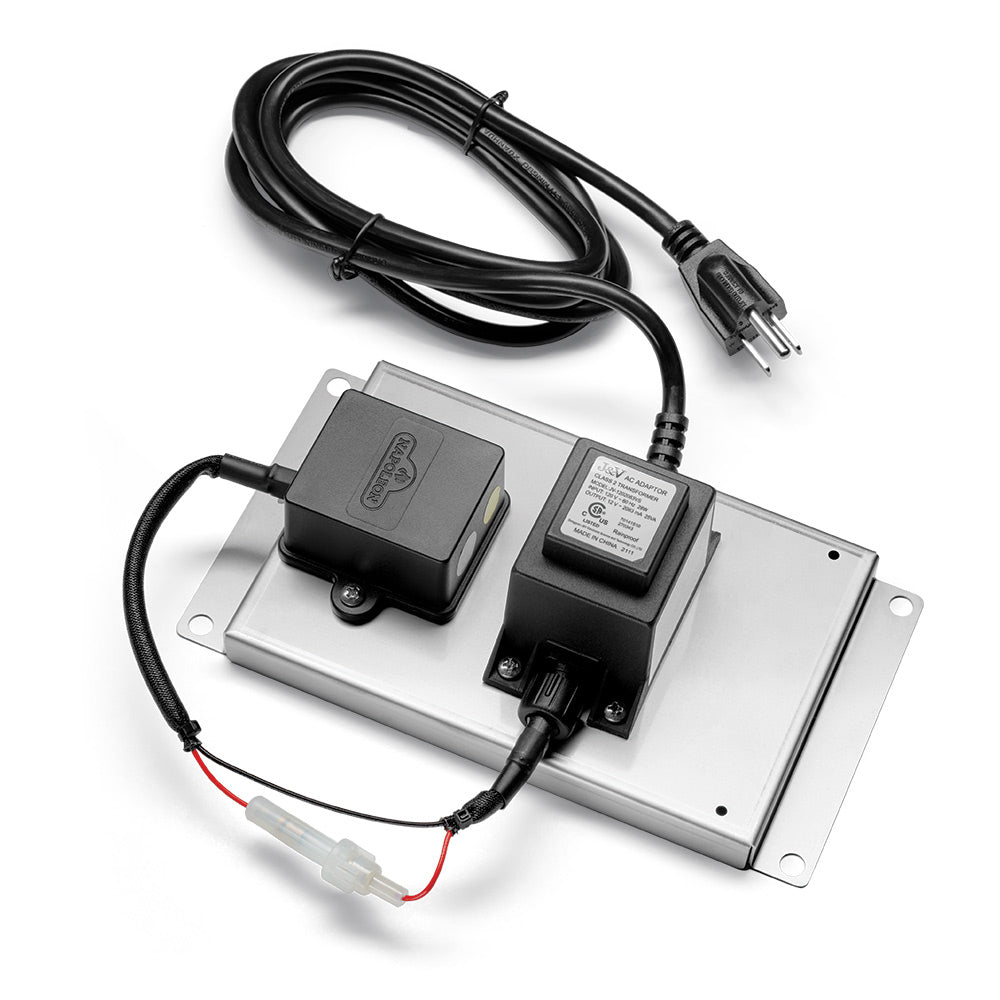 Power supply kit with metal mounting plate, two black modules, and power cord with plug