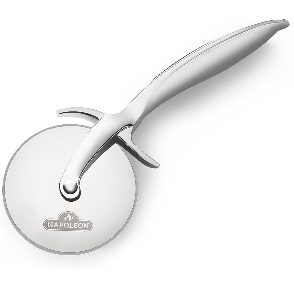 Stainless pizza wheel with curved handle and round blade, Napoleon logo