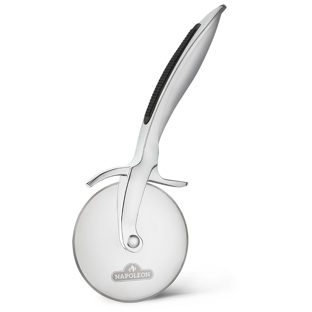 Pizza wheel with rolling edge and curved silver handle, Napoleon badge