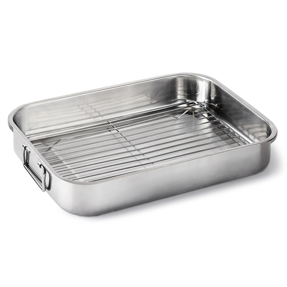 Stainless steel roasting pan with wire rack and handles, rectangular with raised sides.