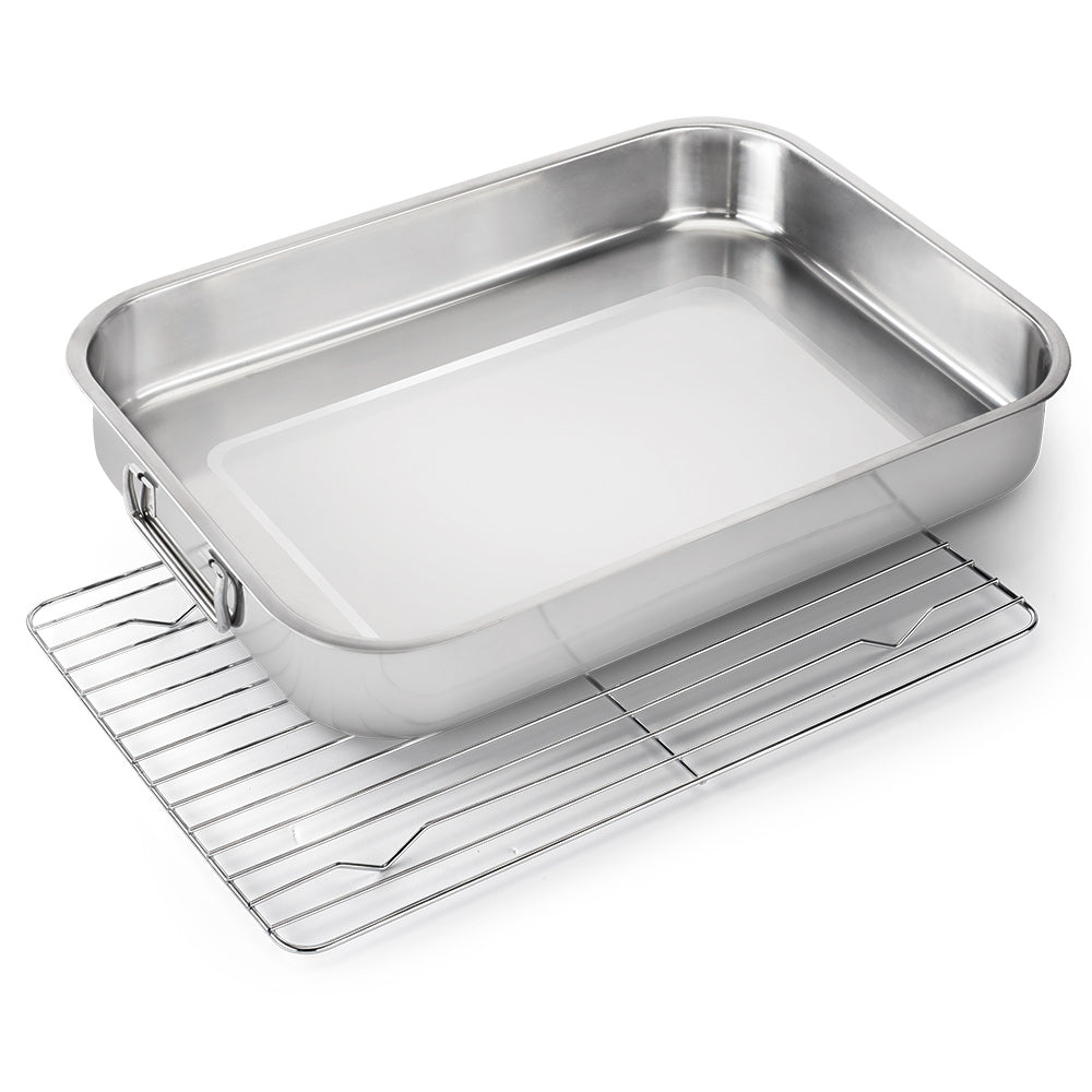 Stainless roasting pan and detachable wire rack set, rectangular deep tray.