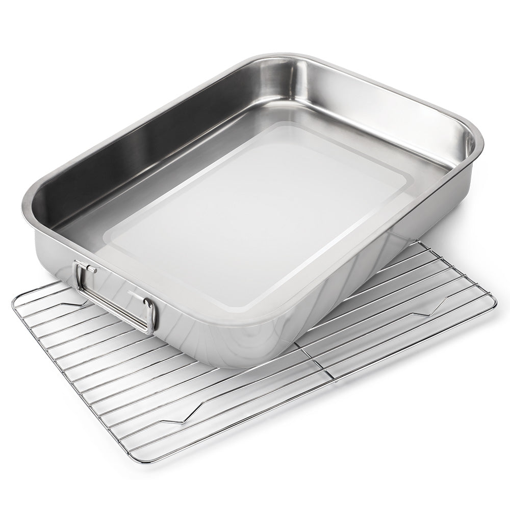 Stainless steel roasting pan with wire rack, large rectangular baking tray with handles.