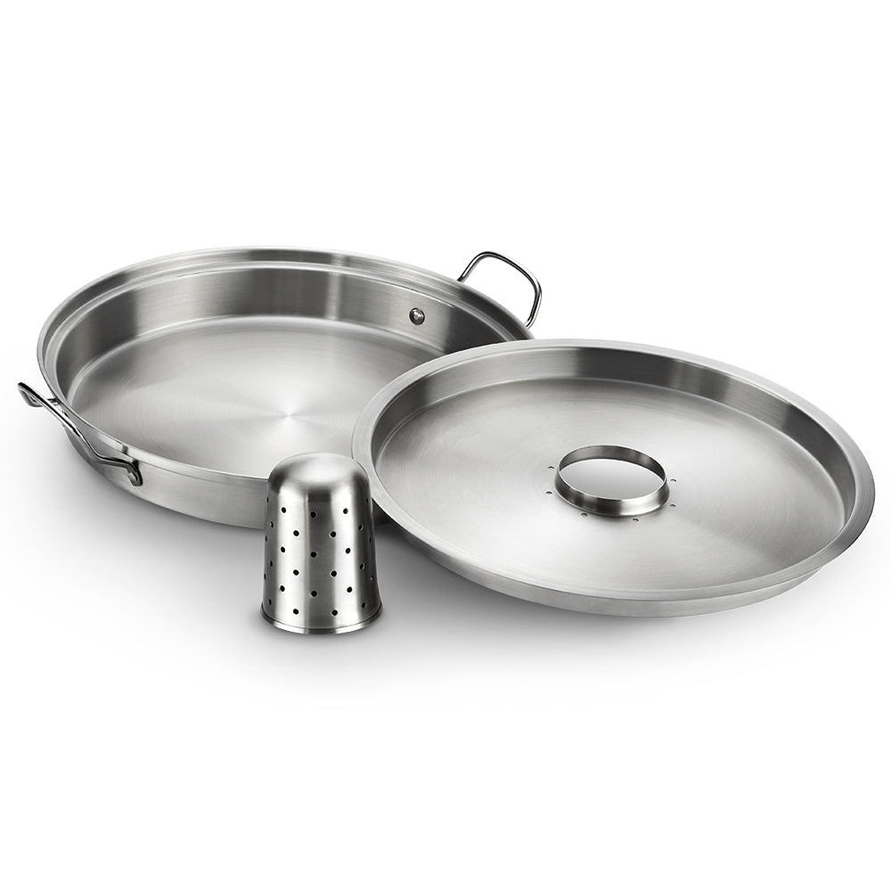 Stainless steel chicken infusion roaster with perforated infusion cup and two pans