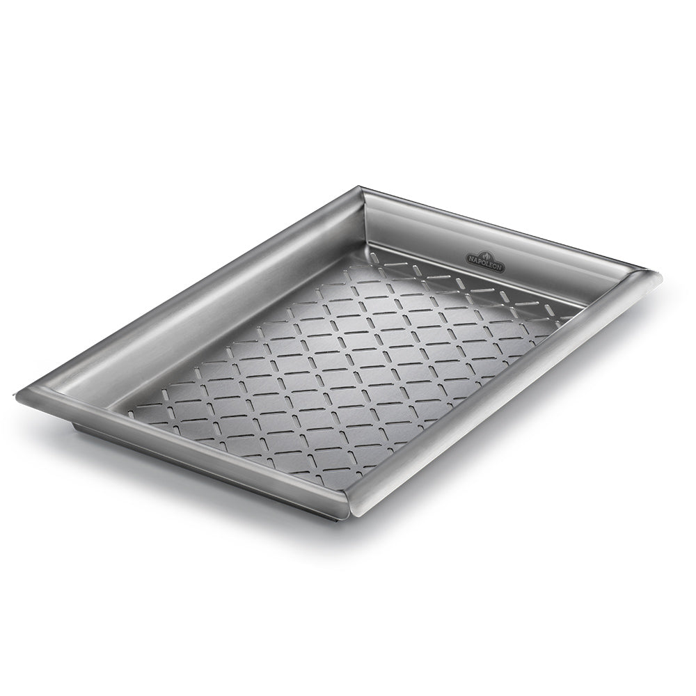 Stainless steel grill topper tray with raised edges and patterned drip grid base