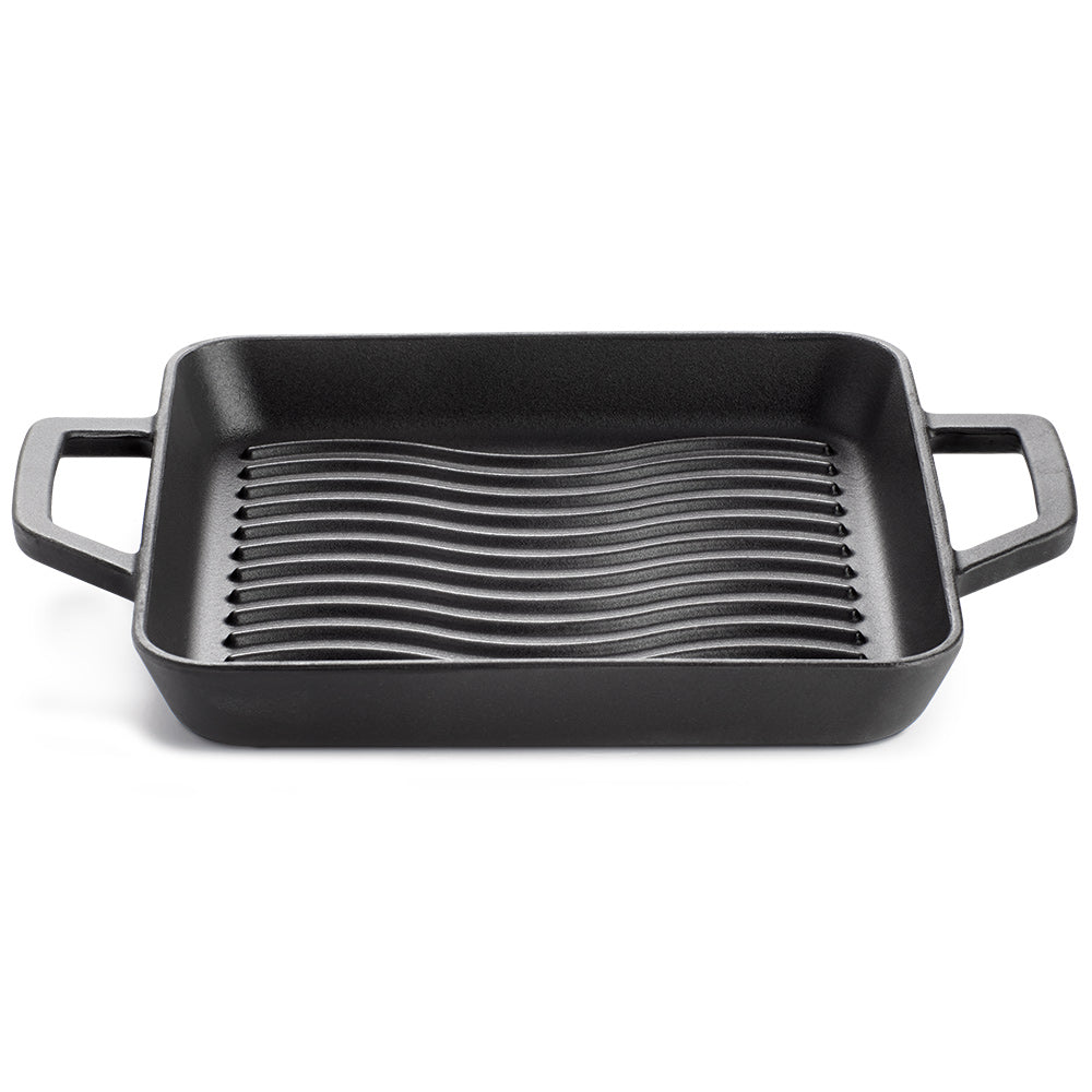 Square cast iron griddle with ridged grilling surface and side handles
