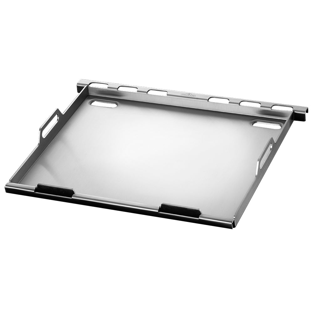 Stainless steel griddle insert with raised sides and cutout handles, flat cooking surface
