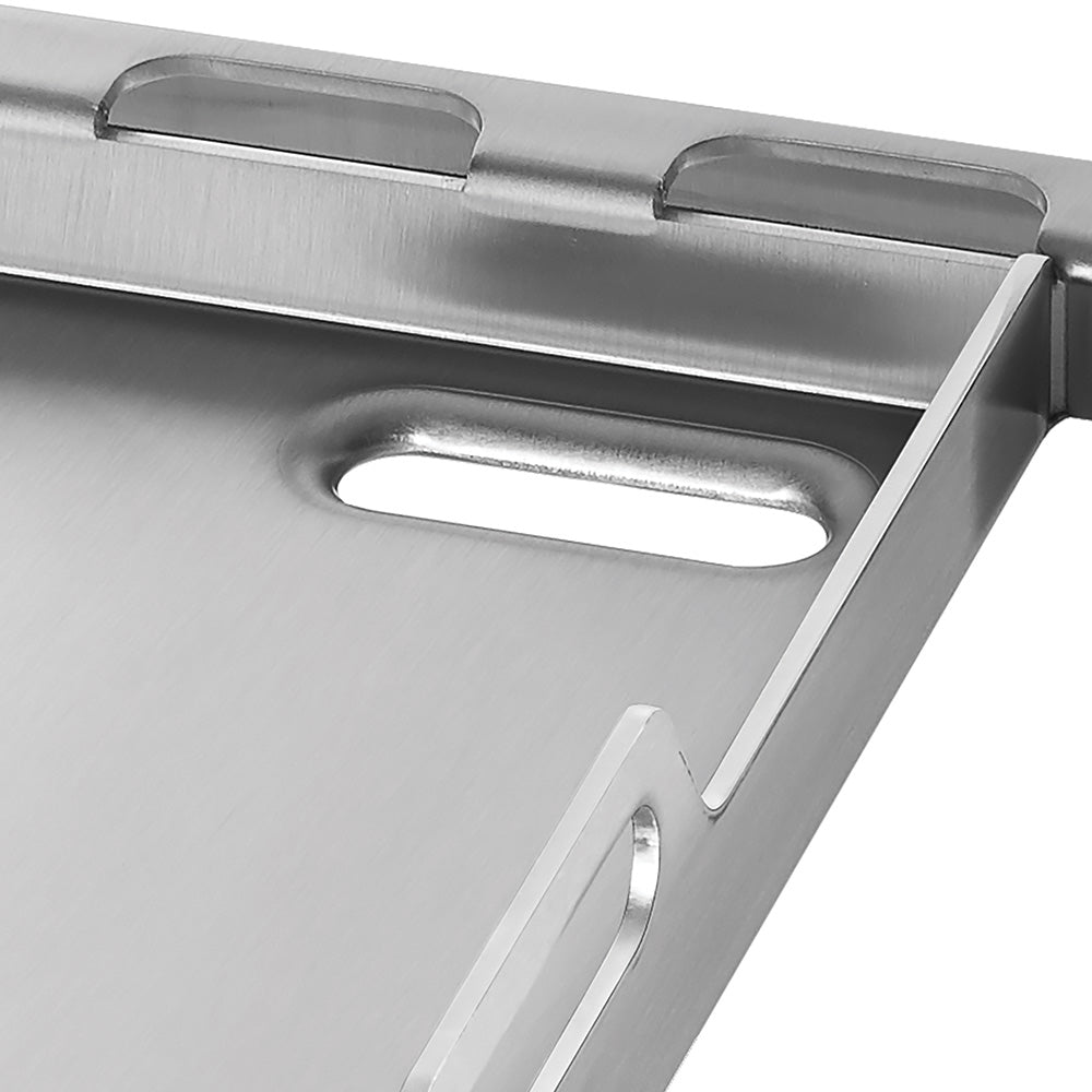 Stainless steel griddle insert corner with oval mounting cutout on side panel