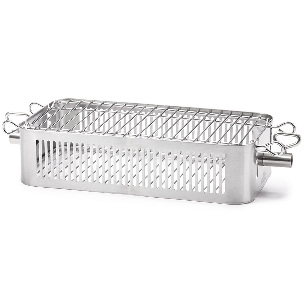 Adjustable stainless steel rotisserie basket with wire grilling grate and side handles