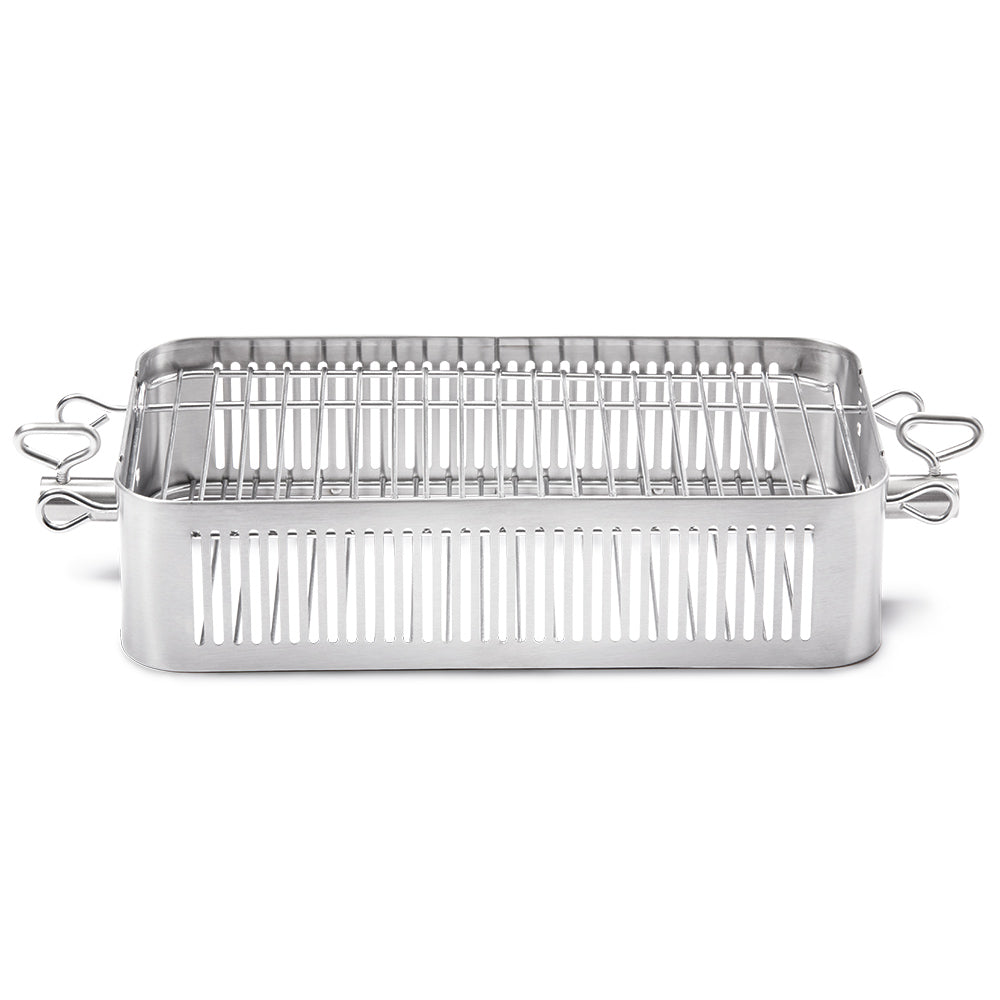 Stainless steel rotisserie basket with wire rack and side support handles
