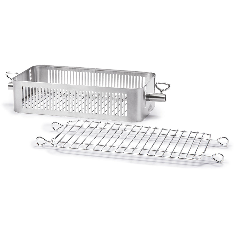 Stainless steel rotisserie basket with front slots and included wire grilling rack