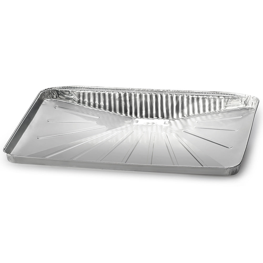 Silver rectangular grill drip pan liner tray with ridged sides and inner vents