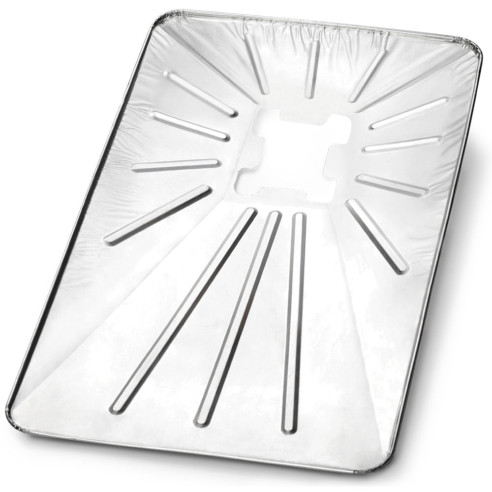 Square silver drip pan liner with drainage slots and center cutout