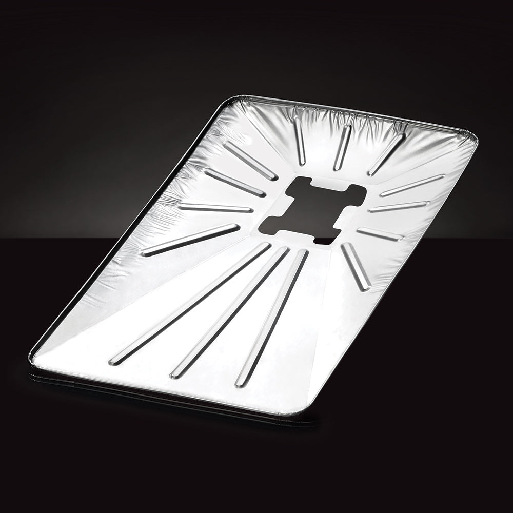 Square metallic foil drip pan liner with radial drainage slots and center cutout