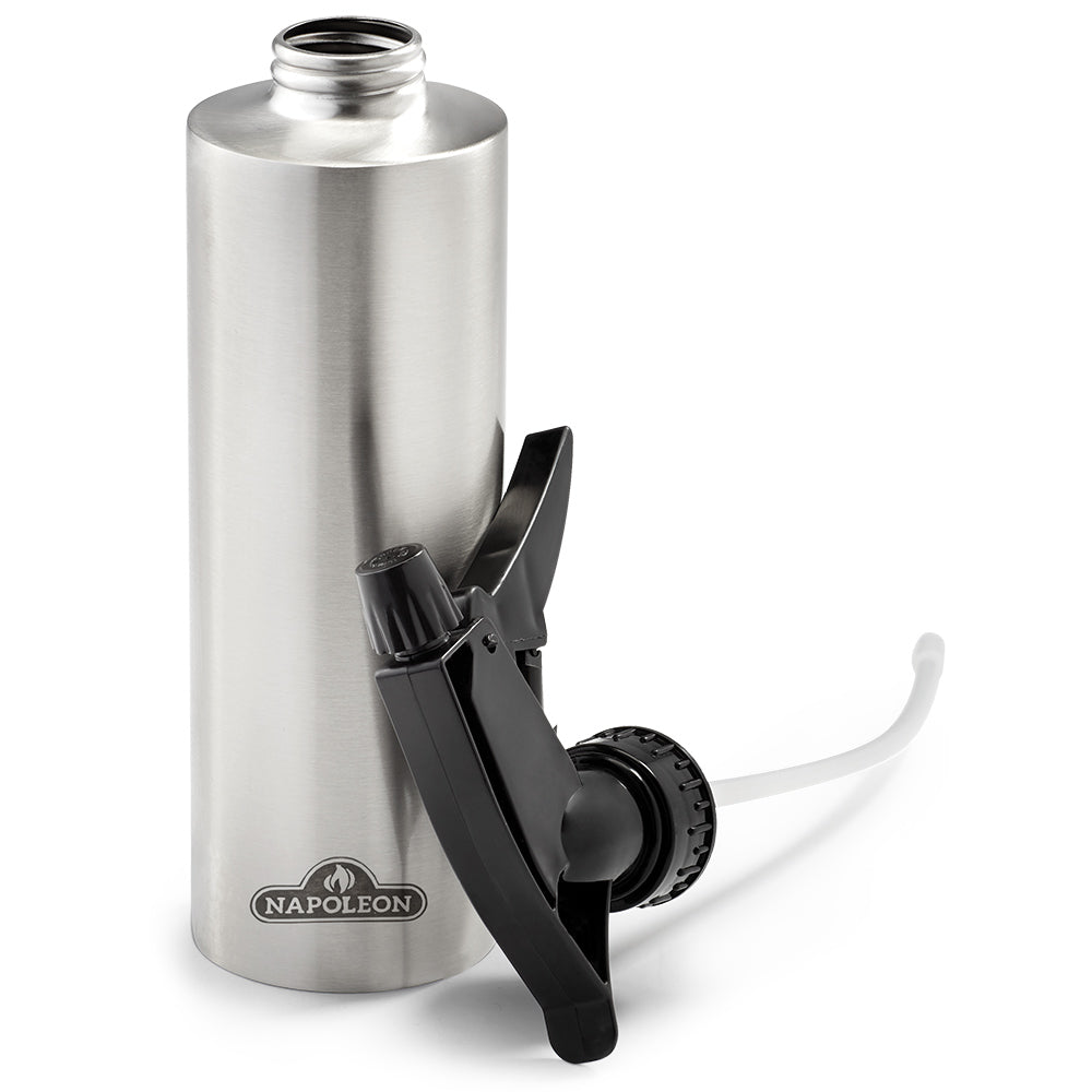 Stainless steel spray bottle with black trigger and pull sprayer wand