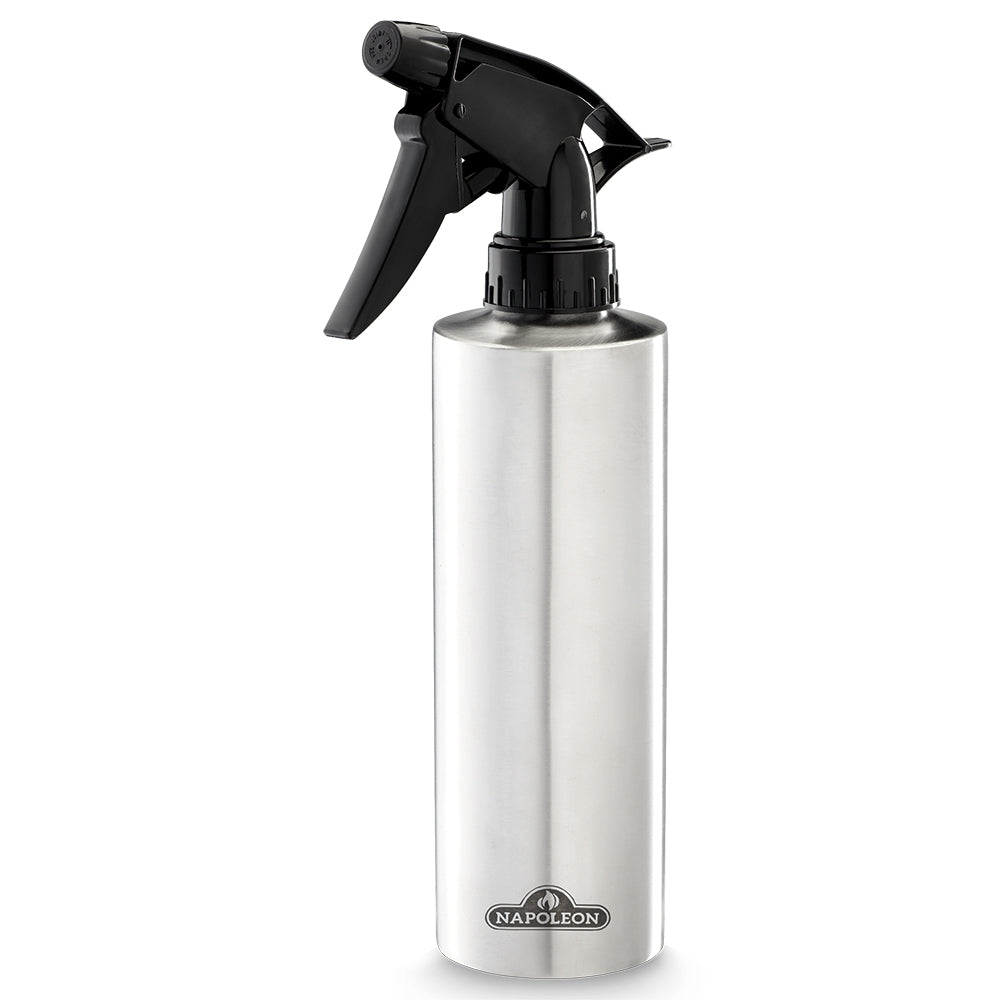 Stainless steel spray bottle with black trigger sprayer and mist nozzle