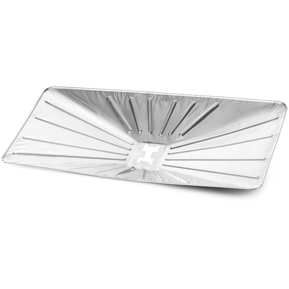 Aluminum grill drip pan liner with raised ridges and central grease cutout, rectangular
