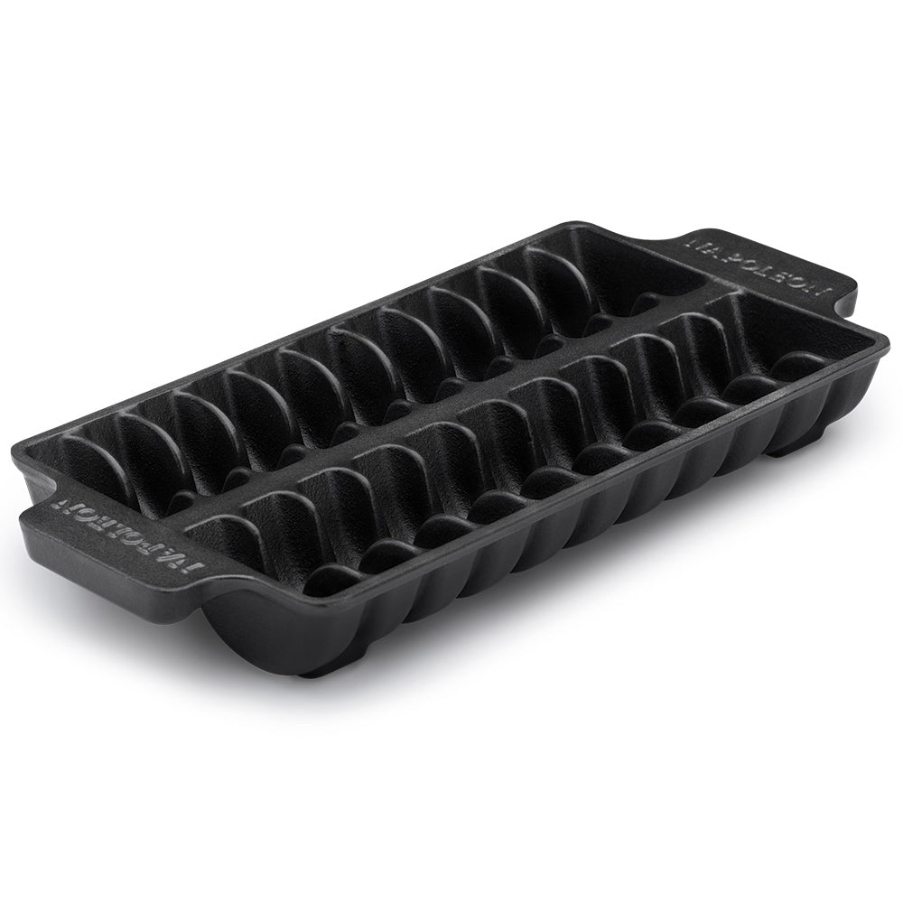 Cast iron jumbo shrimp tray with ridged cavities, black finish