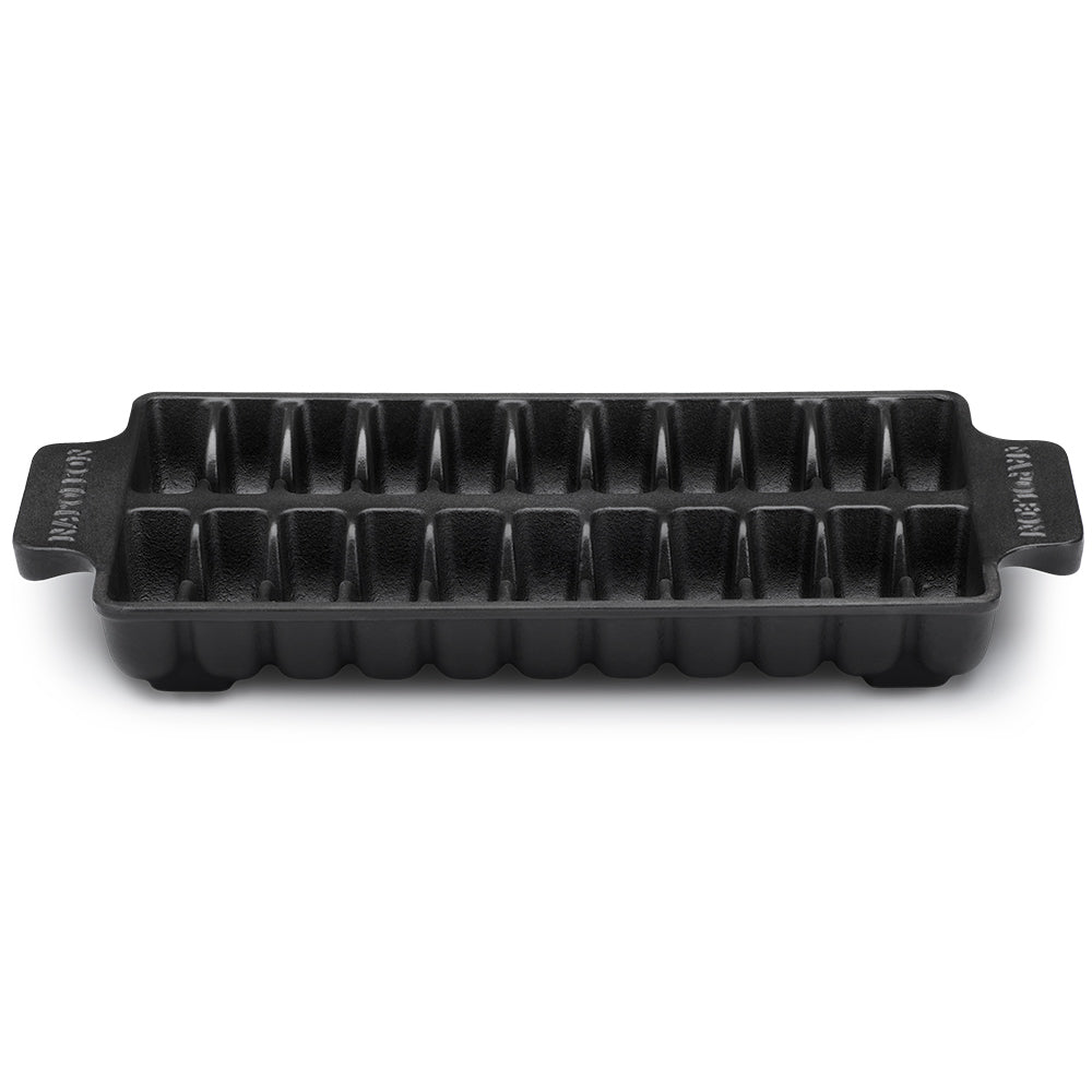 Cast iron jumbo shrimp tray, black ridged insert with side handles
