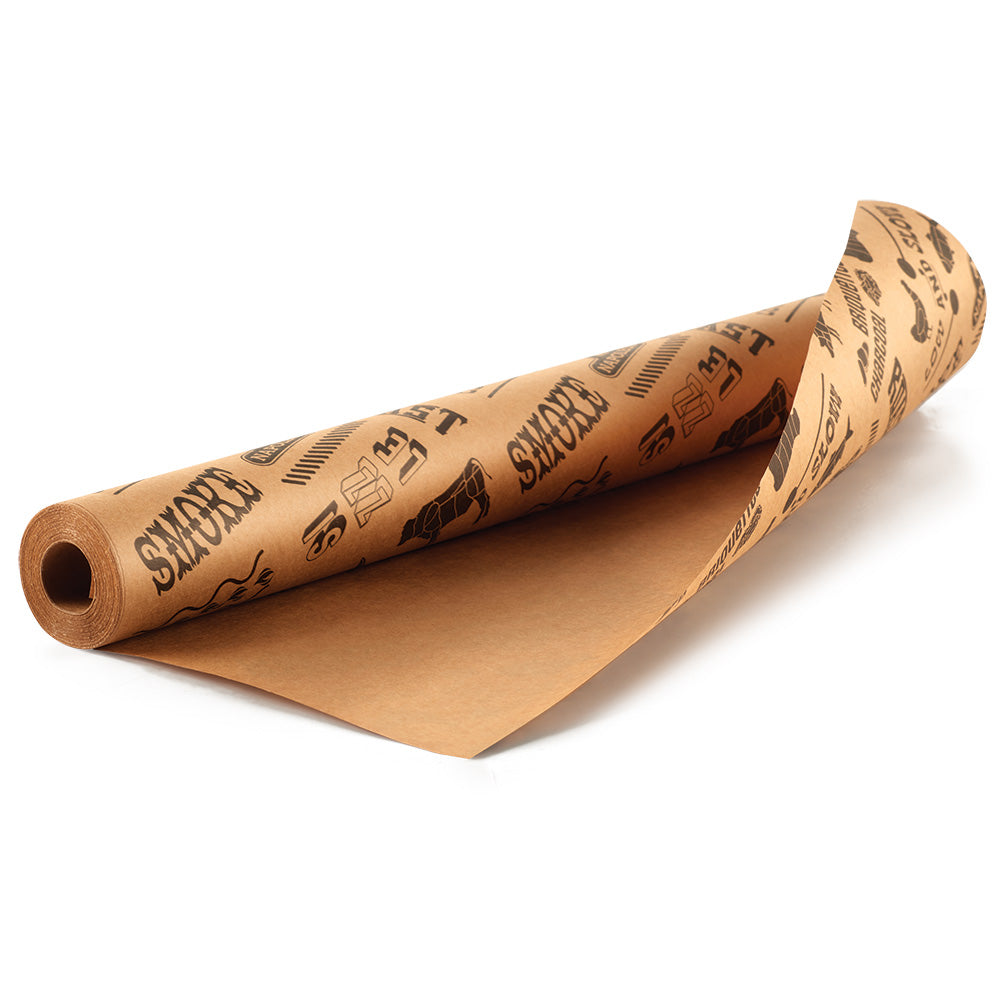 Butcher paper roll with printed text design on brown paper sheet