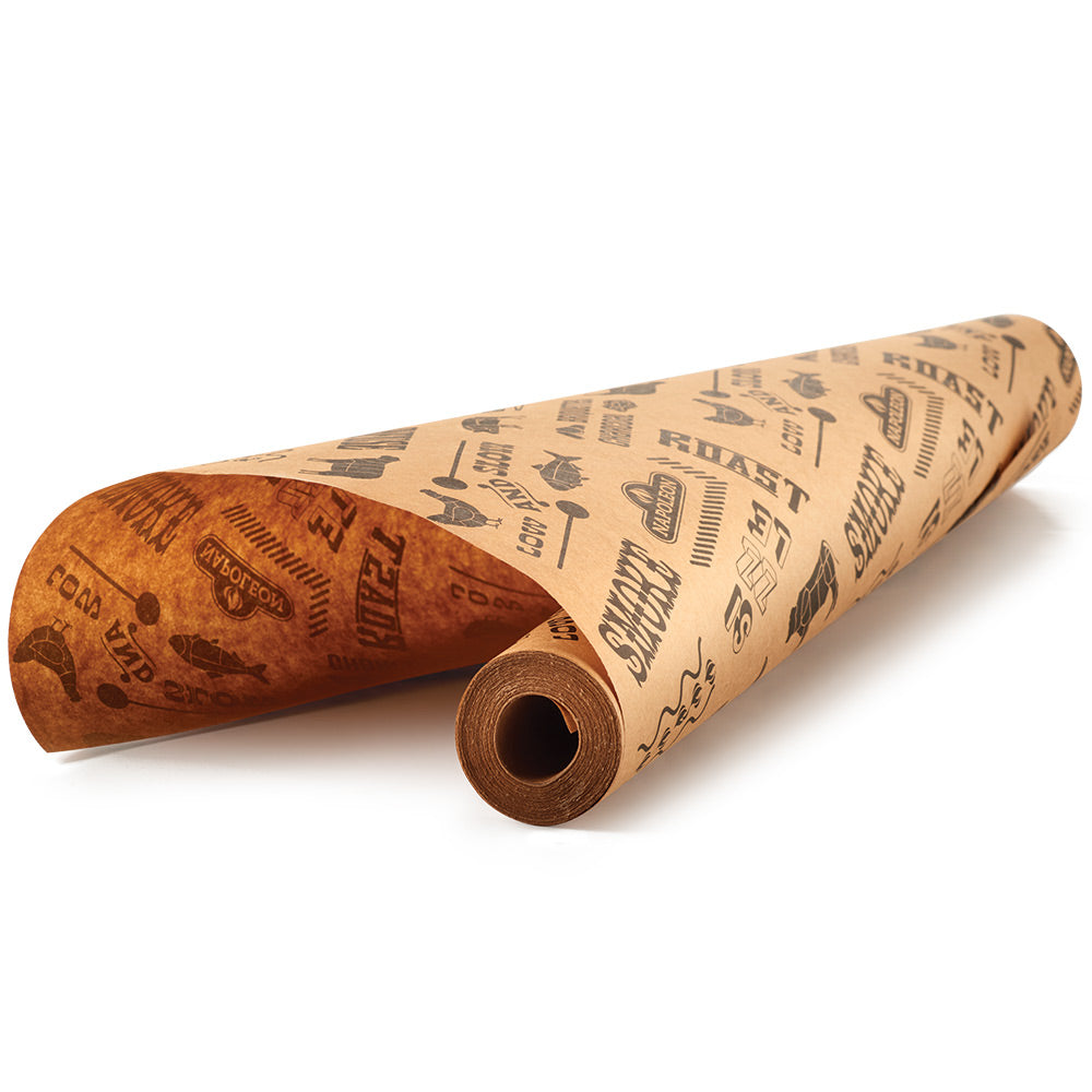 Brown butcher paper roll with printed text across the wrapping sheet