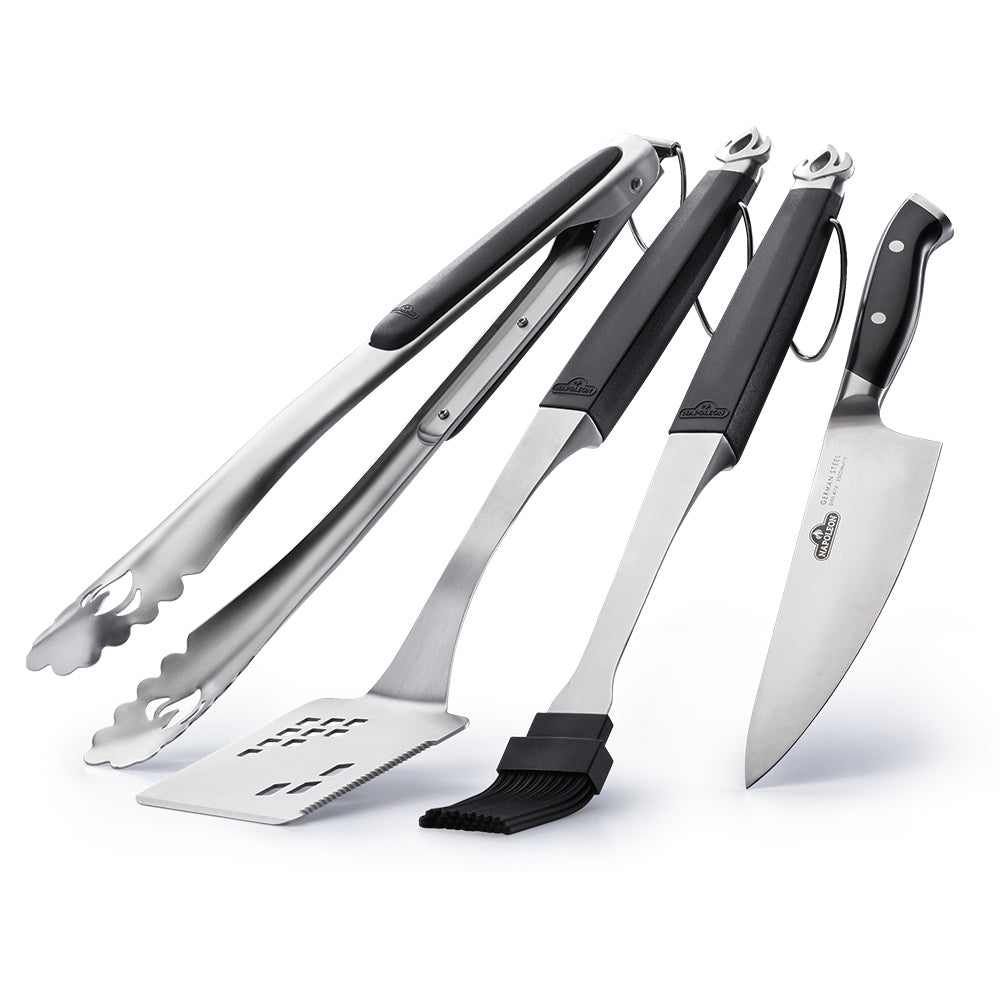 Stainless 4-piece BBQ tool set: tongs, spatula, fork and carving knife