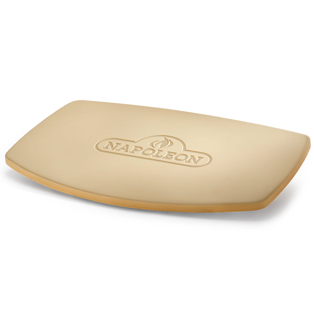 Beige pizza stone angled view with Napoleon embossed logo