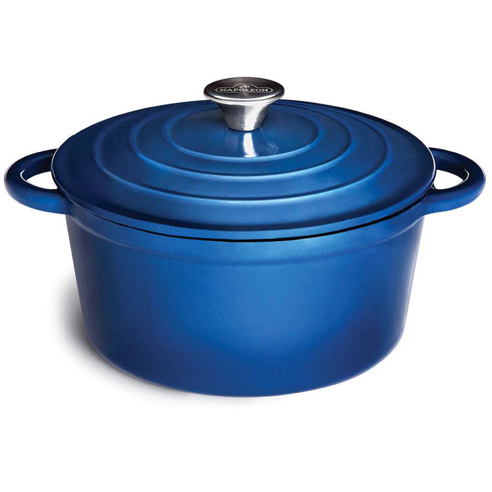 Blue cast iron round casserole dish with lid, side handles and knob top