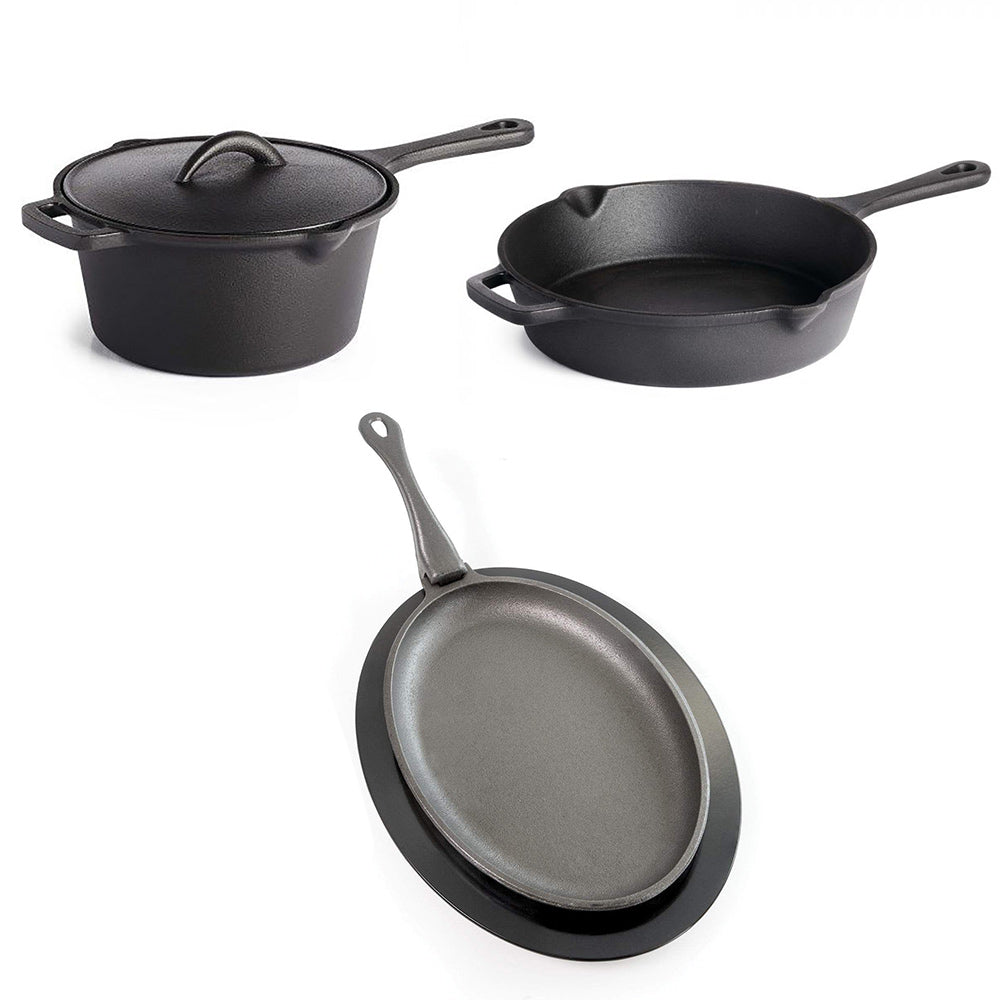 Cast iron sauce pot with lid, skillet, and frying pan with long handles