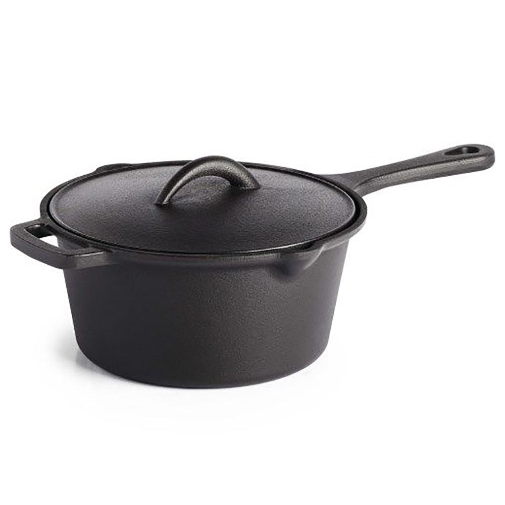 Cast iron sauce pot with lid and long handle