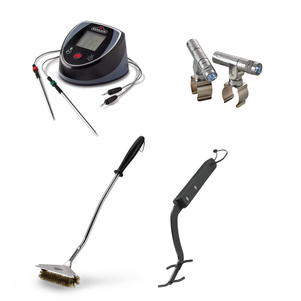 Grill accessory bundle with Bluetooth thermometer, LED light kit, brush and lifter