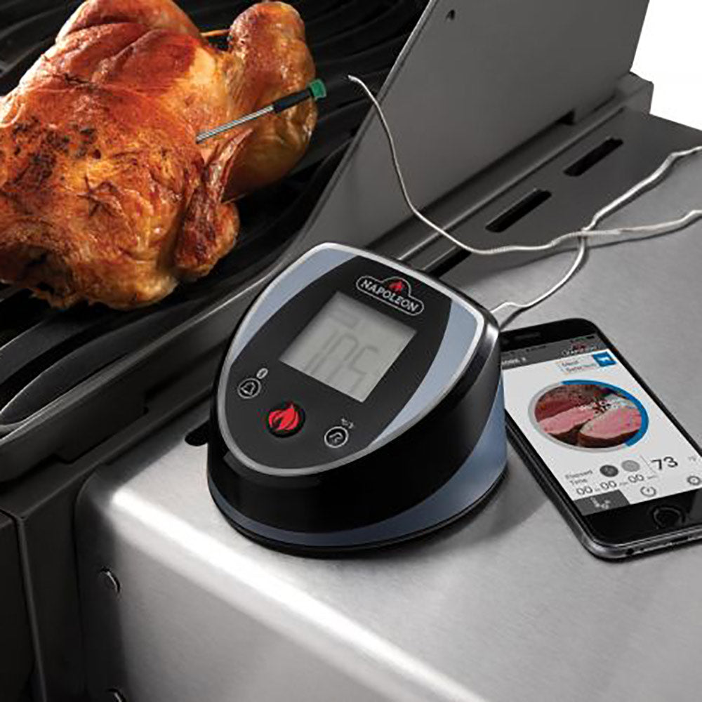 Bluetooth grill thermometer base with connected probe and smartphone app screen