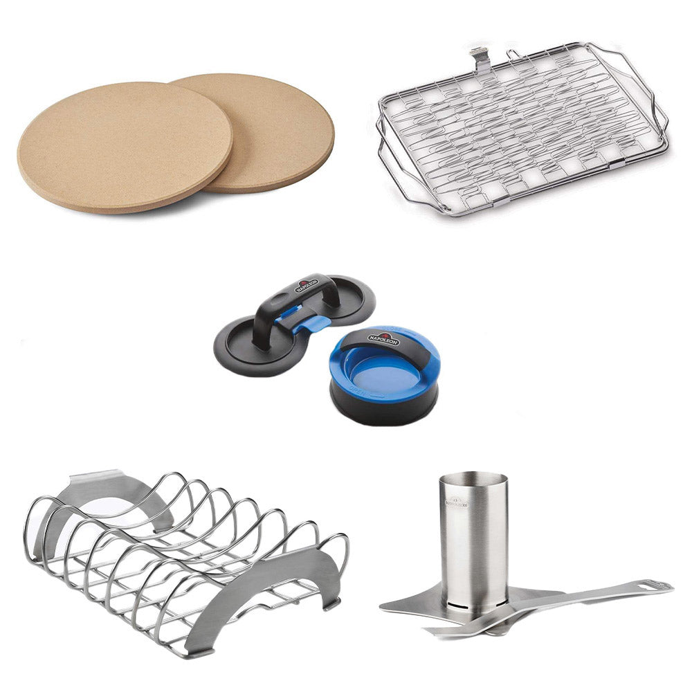 Grilling accessory set with pizza stones, wire grill basket, and roasting rack pieces