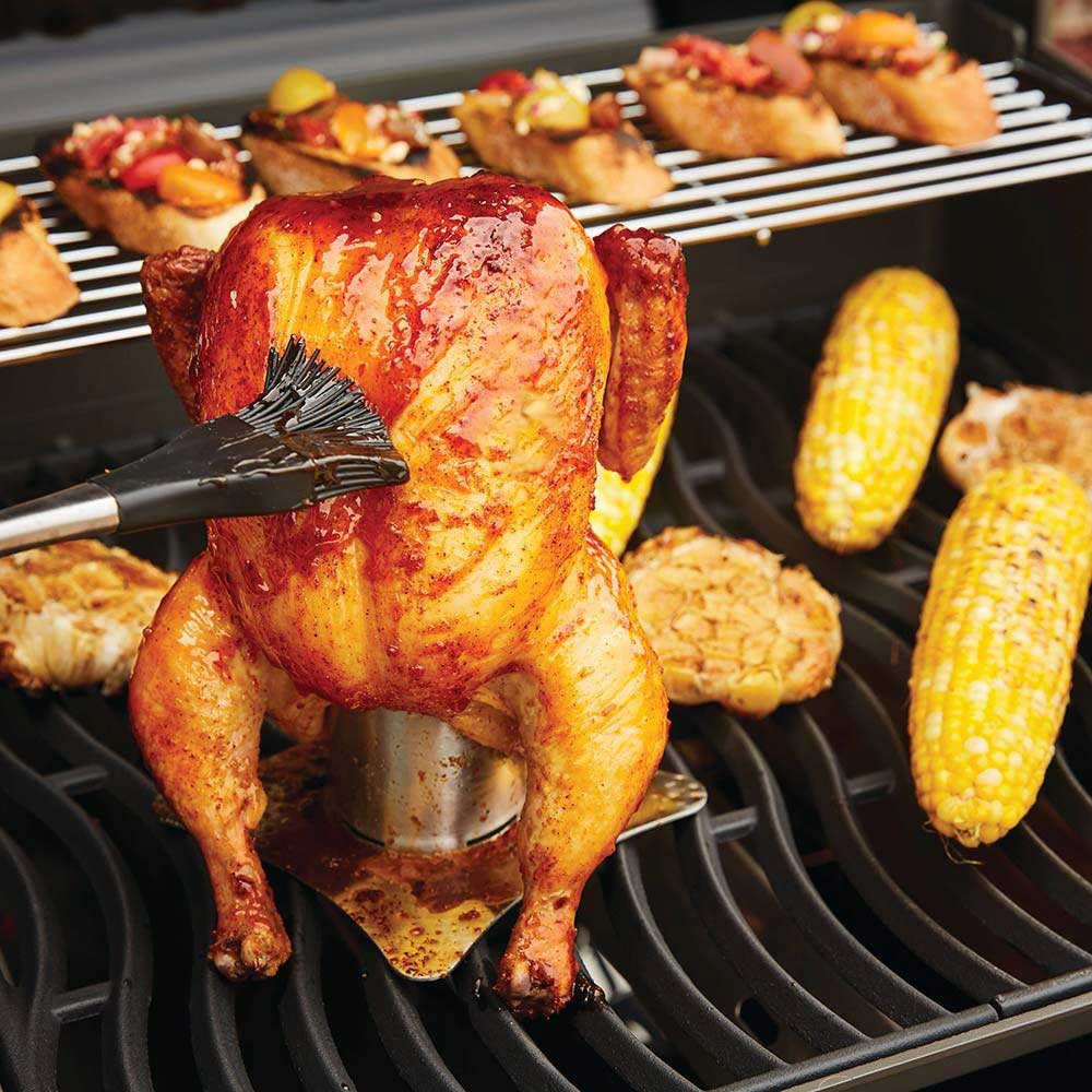 Whole roasted chicken on grill grate with roasting stand