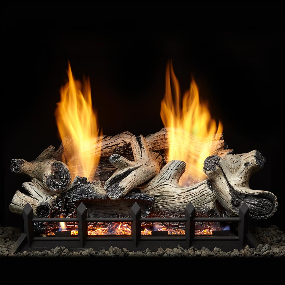 Vent-free gas logs with flames and split wood logs on black metal grate