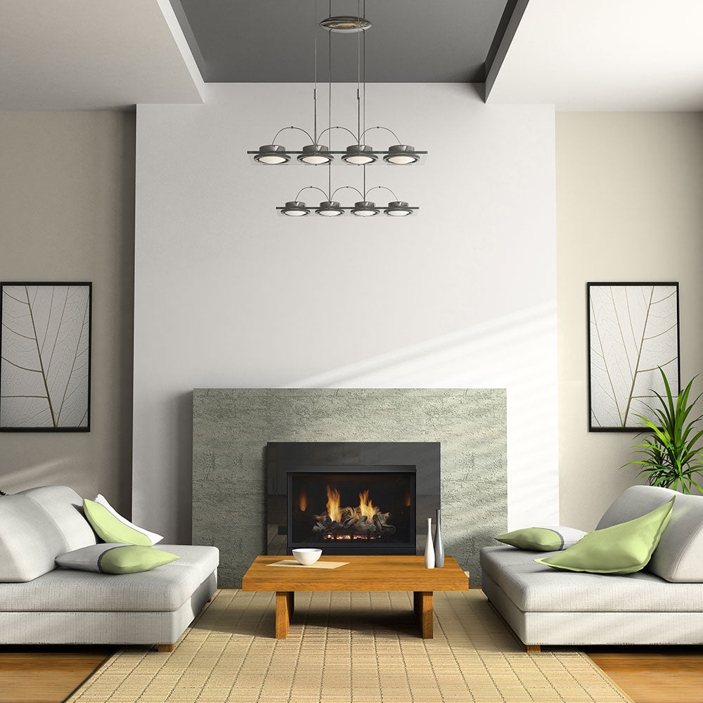 Indoor fireplace with burning vent-free gas logs and a black metal frame