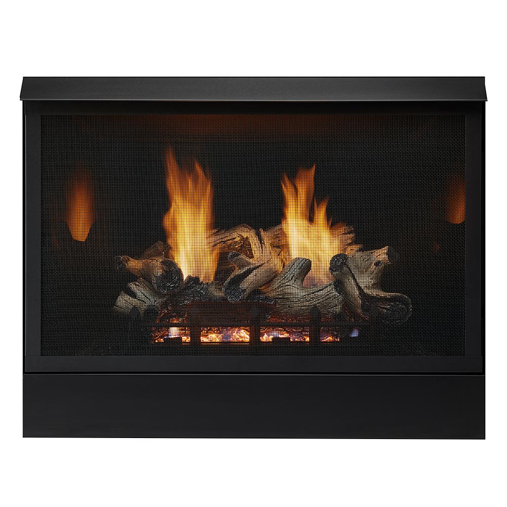Vent-free gas log fireplace insert with glowing flames behind black mesh screen