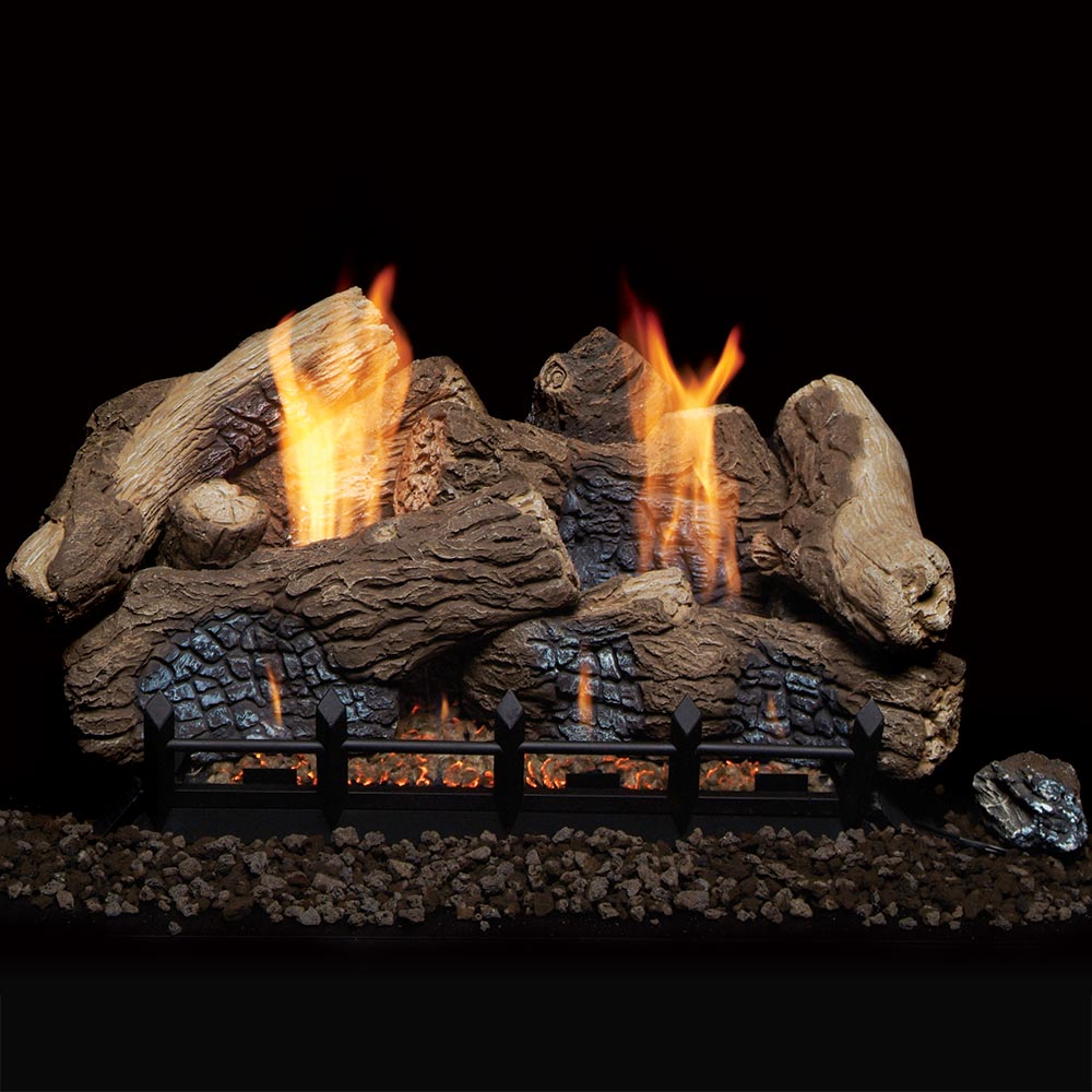 Oak-style vent-free gas log set with burning flames and realistic log pieces