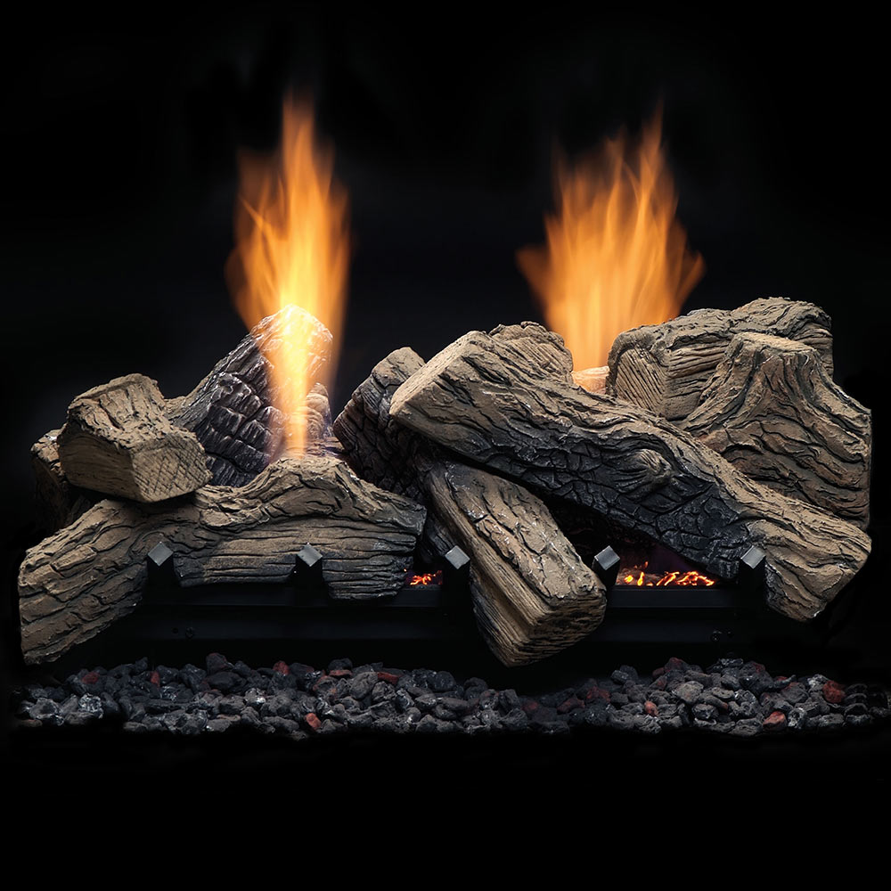 Vent-free gas log set with split wood logs, glowing embers, and tall flames