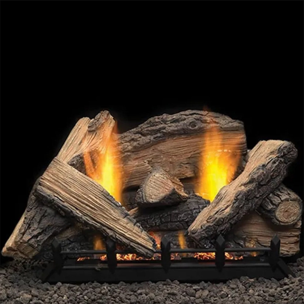 Vent-free gas log set with glowing flames on dark, natural-looking logs