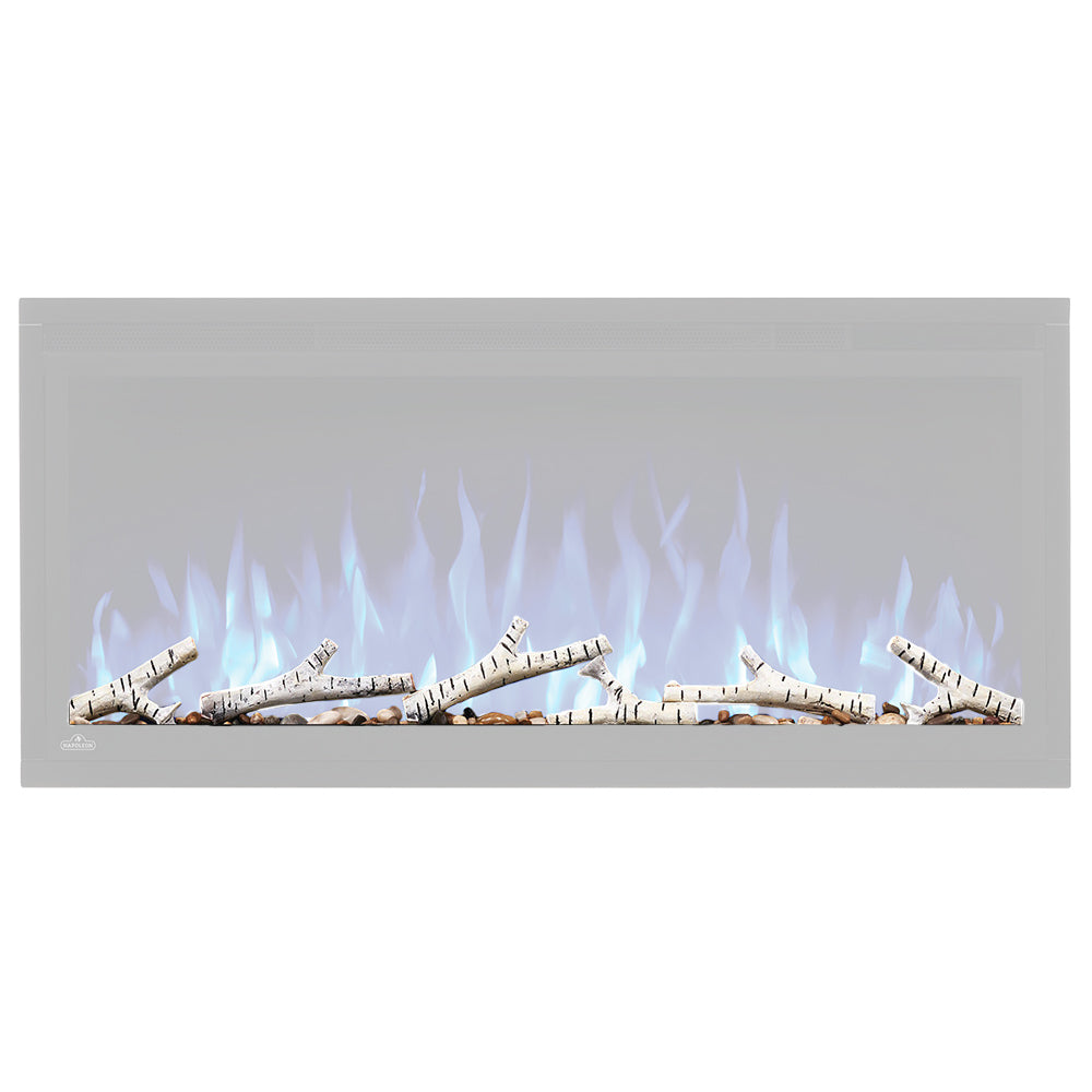 Birch log set with rocks for firebox, shown inside with open flames