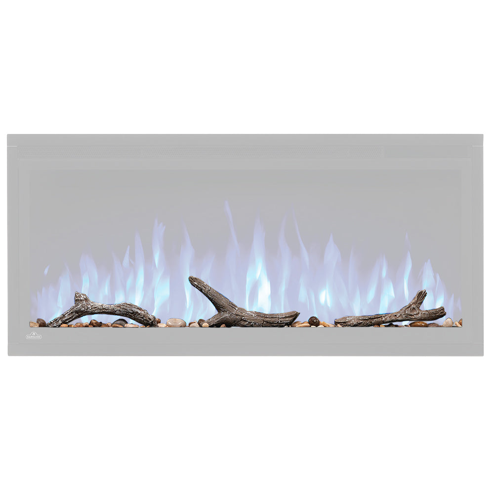 Decorative fireplace log set with rocks and glowing flames in a firebox